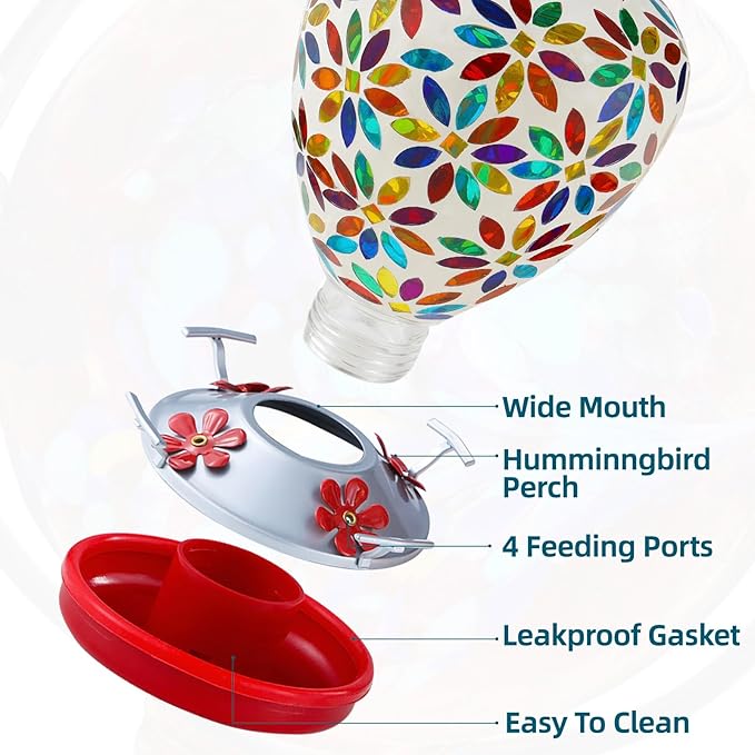 VOREEN Glass Mosaic Hummingbird Feeders, 35OZ with Ant Moat & 4 Feeding Ports, Hand Blown Glass Outdoor Hanging Porch Garden Backyard Decor, Gift for Mom Wife Friend, Flowers Design