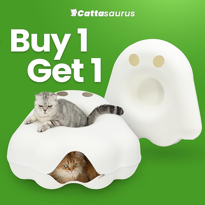 Cattasaurus Unique Gothic Peeka-Boo Cat Cave Duo Jumbo Set, Extra Spacious for Multiple & Large Cats 15+ lbs, Scratch Detachable Cat Beds for Indoor Cats, Washable Tunnel Bed