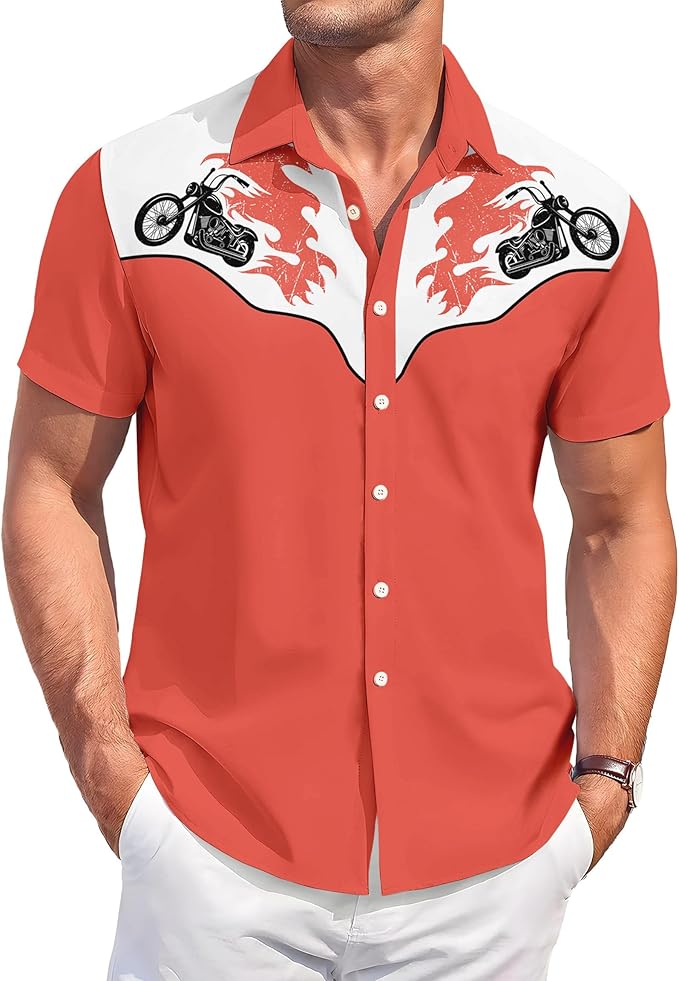 Men’s Hawaiian Shirt Western Cowboy Symmetrical Print Short Sleeve Button Down Casual Beach Holiday Summer Shirt
