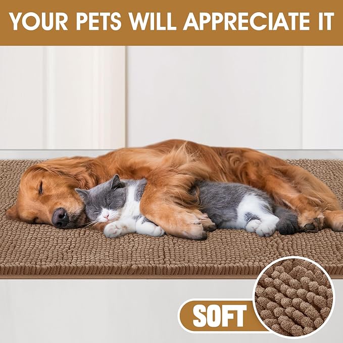IM HOME 4 Pieces Muddy Door Mats for Dogs, Chenille Absorbent Pet Mats, Quick Dry, Trap Dirt Non Slip Heavy Indoor Doormat Soft Dog Bed Mat Front Inside Door Mat for Indoor Outdoor Entrance,Camel