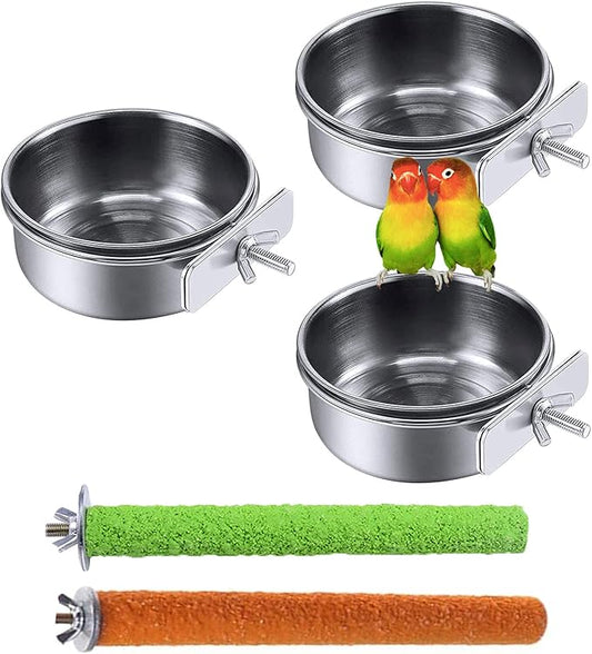 PINVNBY Stainless Steel Bowls for Birds,Parrot Feeding Dish Cups Parakeet Food Water Dishes with Clamp Holder Perches for Cockatiel Budgies Macaw Small Animal Chinchilla(5 Pack)