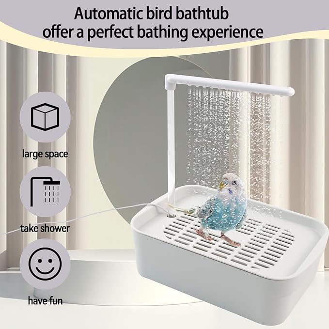 PINVNBY Automatic Bird Bath with Pump,Parrot Bathtub Shower Parakeet Bath Box with Cage USB & Power Plug Water Circulated Controller for Cockatiel Lovebird Conure Budgie(White)