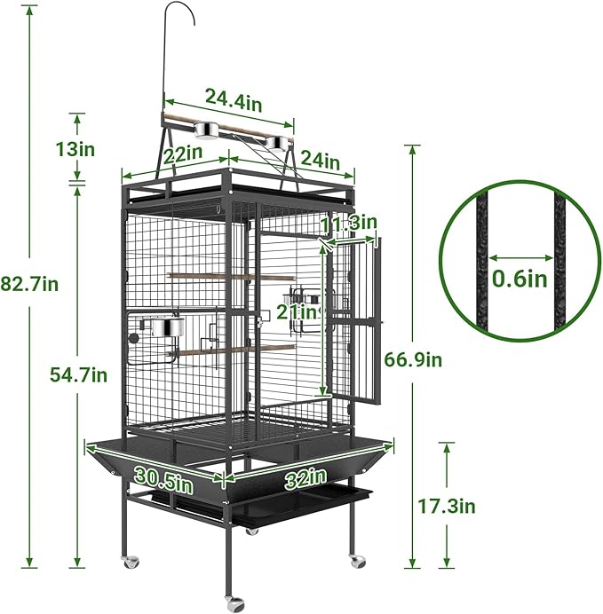 82 Inch Bird Cage, BOINN Bird Flight Cages with Rolling Stand & Bottom Tray, Wrought Iron Parrot Cage with PlayTop for Parakeet, Lovebirds, Ringneck, Cockatiels