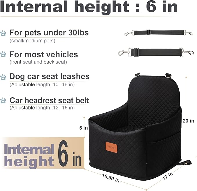 Youvee Dog Booster Car Seat,Interior Height 6 Inches Pet Car Travel Seat for Small Dog 10 15 20 25 30 lbs,for car Front/Back Seat,Safety,Comfortable,Fully Detachable and Washable(View Ⅰ-Black)