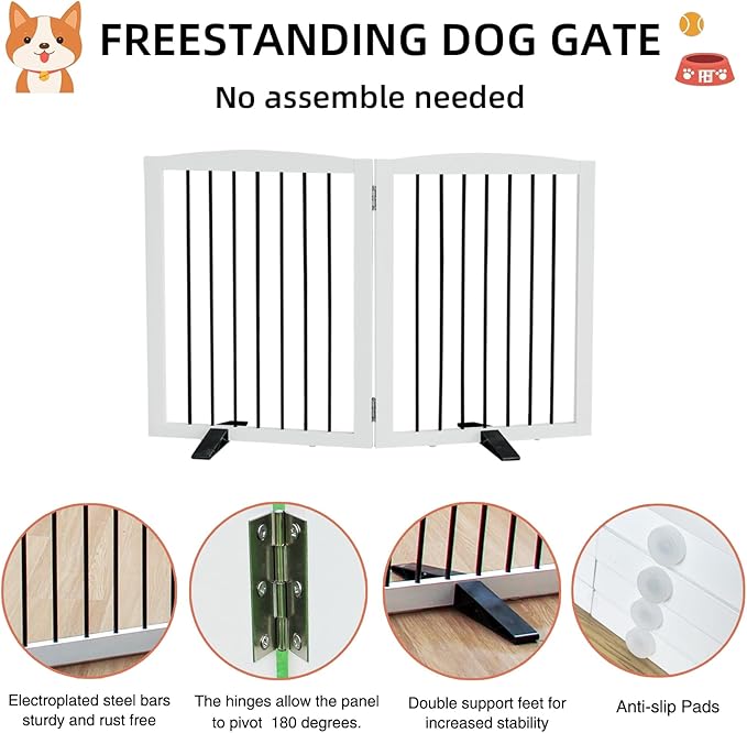 ZJSF Freestanding Panel Dog Gate for Indoor, Doorways,Stairs, or Hallways,Foldable Wooden White Pet Gates for House,Pet Gate for Dogs,Dog Fence, Puppy Gate,Support Feet Included, 32 "Height-2 Panels