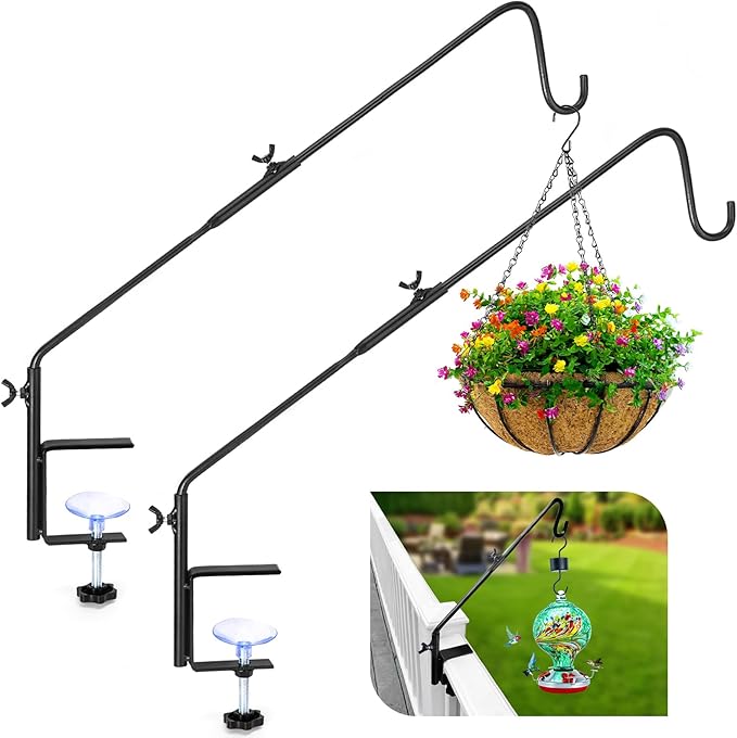 Heavy Duty Deck Hook, 31 Inch Deck Bird Feeder Hanger for Railing, Extended Metal Deck Hooks for Hanging Bird Feeders, Plants, Wind Chimes, Suet Baskets, Lanterns, 360° Swivel, Clamp Mounted, 2 Pack