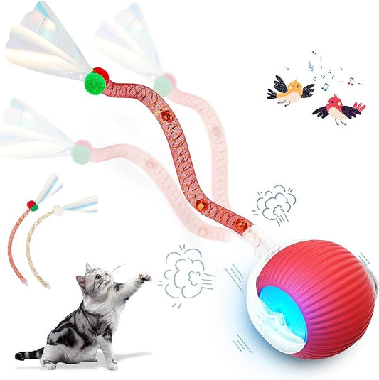 Interactive Cat Toys for Indoor Cats, 2025 New Generation Interactive Cat Ball Toy with Elastic Mesh Tail, Automatic Cat/Kitten Toys with Chirping & Motion Activate, Cat Toys for Bored Indoor(Red)