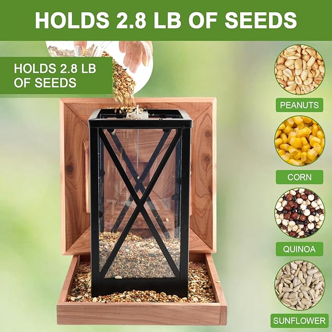 Cedar & Metal Frame Bird Feeder for Outdoors Hanging Mount Large Capacity, Black Wooden Garden Roof Feeder Lantern Style, Cardinal Bluebird Birdfeeder with Iron Frame Wall for Garden Decor Durable