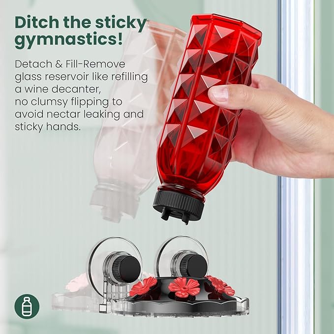 MrCrafts 2Pcs Window Hummingbird Feeder 16oz - Attract 8X More Hummingbirds with Red Diamond-Textured Glass, Ideal for Attracting Wild Birds Outdoor, Bird Watching Gift for Women & Nature Lovers