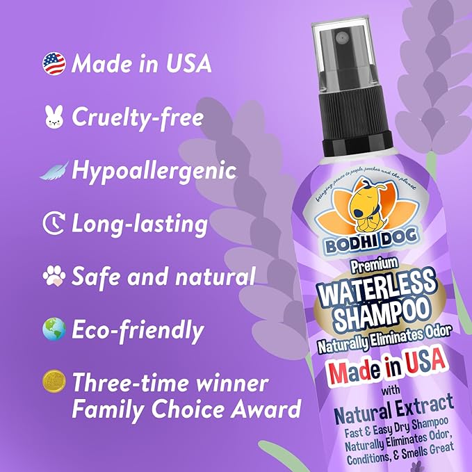 Bodhi Dog Waterless Shampoo - Natural Dry Shampoo for Dogs & Cats - Neutralizes Pet Odor - No Rinse Required - Made of Natural Extracts - Safe for Sensitive Skin - Made in USA - Lavender (8 Fl Oz)