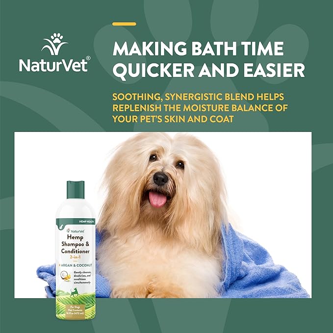 NaturVet Hemp Shampoo & Conditioner 2-in-1 with Argan and Coconut for Dogs, 16oz Liquid, Made in The USA