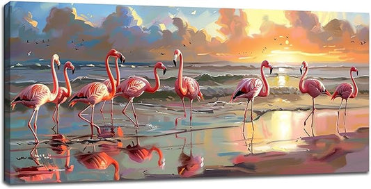 Large Flamingo Wall Art for Living Room Beach Colorful Flamingo Art Big Space Size Framed Ocean Canvas Prints Pictures Painting Artwork Office Bedroom Home Decor 60"x30"