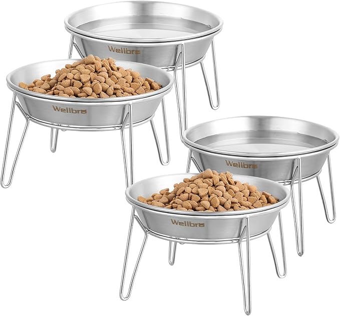 Cat Food Bowls, 4 Pcs Stainless Steel Cats Food and Water Whisker Fatigue Shallow Dishes, Small Dog Puppies Fat Faced Cat Kitten Supplies (4 Pack Raised Bowls)