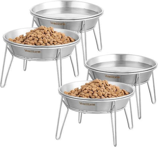 Cat Food Bowls, 4 Pcs Stainless Steel Cats Food and Water Whisker Fatigue Shallow Dishes, Small Dog Puppies Fat Faced Cat Kitten Supplies (4 Pack Raised Bowls)