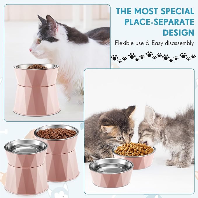 Lallisa 2 Pcs Elevated Cat Bowls Adjustable Raised Cat Feeder Non Slip Food Water with Stand Safe Stainless Steel Bowls with Pet Food Stand for Pets Feeding Eating(Pink)