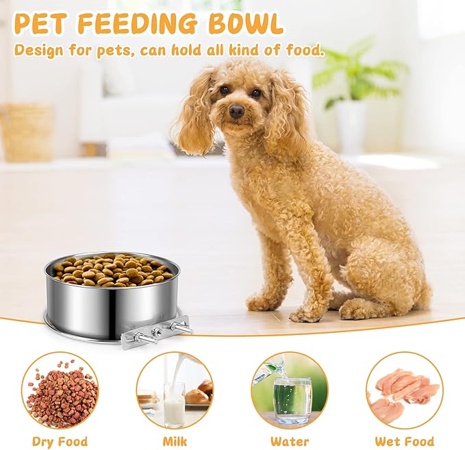 Small Dog Bowls, ShineMe 2 Pack Stainless Steel Pet Bowls Easily Affixes to Crate, Cage or Kennel - Non Spill Food & Water Bowls for Cat, Puppy, Birds, Guinea Pigs, Rabbit (4.7 x 2.1” & 3.9 x 1.9”)