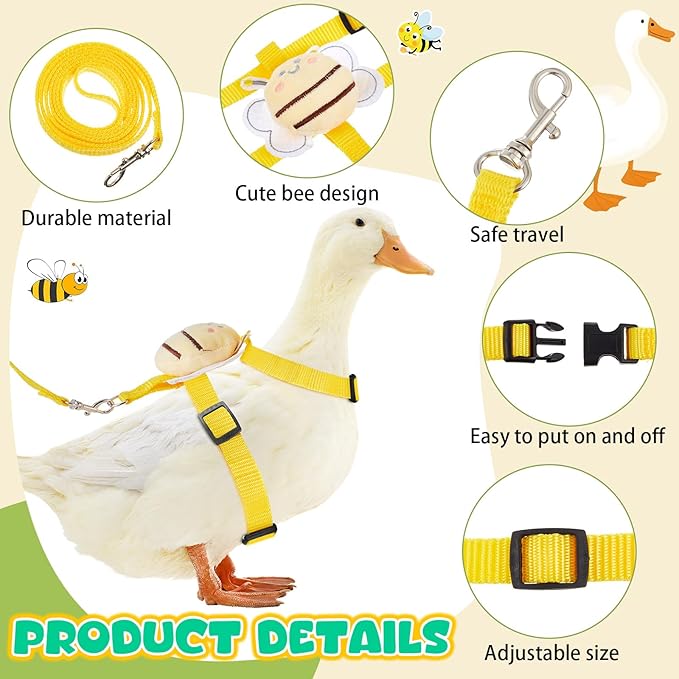 Duck Harness Leash Set Duck Harness and Leash for Real Ducks Adjustable Walking Rope Pet Cute Pattern Outdoor Traction Rope for Chicken Rabbit Small Animals(Xs,Bee)