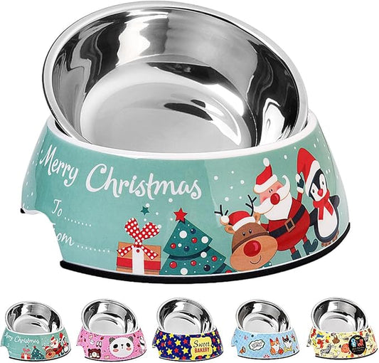 Christmas Xmas Pet Dog 2 in 1 Food Water Bowls - Non Slip Skid Proof Heavy Duty Pet Cats Dog Food Water Bowls for Feeding Small Dogs Puppies Cats Kittens-Green Christmas-S