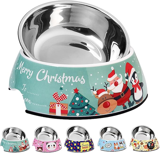 Christmas Xmas Pet Dog 2 in 1 Food Water Bowls - Non Slip Skid Proof Heavy Duty Pet Cats Dog Food Water Bowls for Feeding Large Dogs - Green Christmas-L