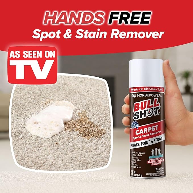 Bull Shot Carpet Spot & Stain Remover by Horsepower, AS-SEEN-ON-TV, Made In USA, Just Point & Spray, Stain-Lifting Foam-Action, Pet Stains & Odors, Coffee, Soda, Wine, Grease, New & Old Stains & More