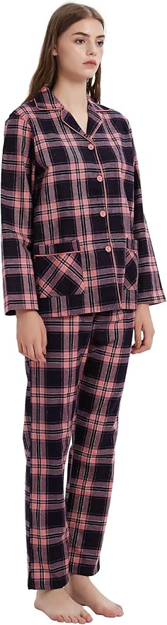 GLOBAL Flannel Pajamas for Women 2-Piece Comfy and Cozy Flannel Pj Set Cotton Loungwear