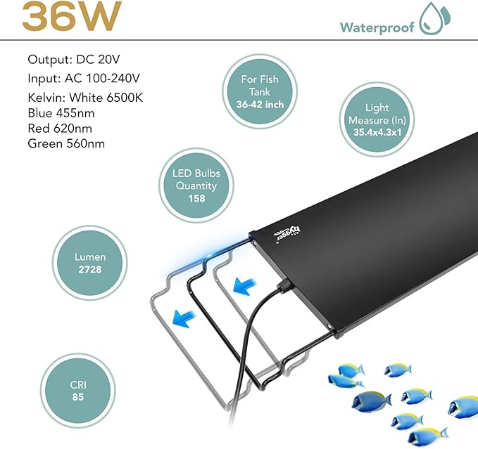 hygger 36W 24/7 Lighting Aquarium LED Light, Sunrise-Daylight-Moonlight Mode and DIY Mode, Adjustable Timer Adjustable Brightness Fish Tank Light with Extendable Bracket 7 Colors for Planted Tank