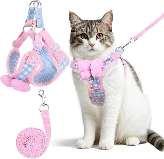 Cat Vest Harness and Leash Set for Walking Escape Proof, Adjustable Kitten Harness and Leash Set Breathable Mesh with Bow Harness for Kitty Puppy Bunny（Pink Medium）