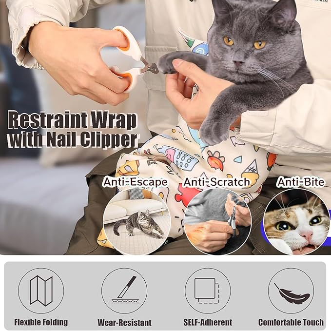 27.6'' Cat Grooming Wrap Cat Wrap for Cutting Nails, Anti-Escape Cat Restraint Wraps for Medicine Nail Clipping Ear Cleaning, Self-Adherent Cat Swaddle Wrap with Nail Clipper - Within 15lbs