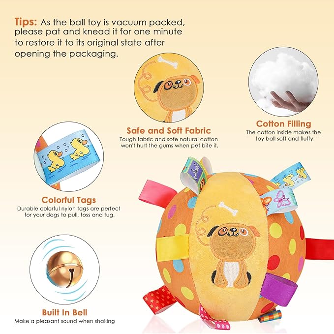Dog Squeaky Plush Toy with Straps, 6-Inch Soft Stuffed Ball with Cotton Material and Bell Built-in, Pet Interactive Fetch Toy for Small to Large Dog