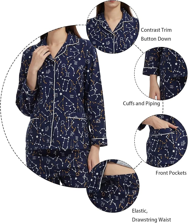 GLOBAL Flannel Pajamas for Women 2-Piece Comfy and Cozy Flannel Pj Set Cotton Loungwear