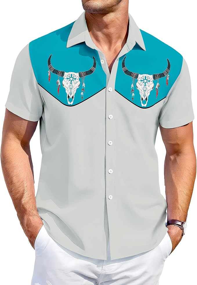 Men’s Hawaiian Shirt Western Cowboy Symmetrical Print Short Sleeve Button Down Casual Beach Holiday Summer Shirt