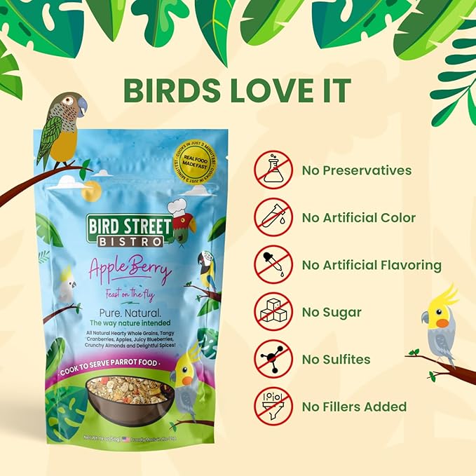 Bird Street Bistro Parrot Food - Parakeet & Cockatiel Food - Cooks in 3-15 min w/Natural & Organic Grains, Legumes, Non-GMO Fruits, Vegetables & Healthy Spices