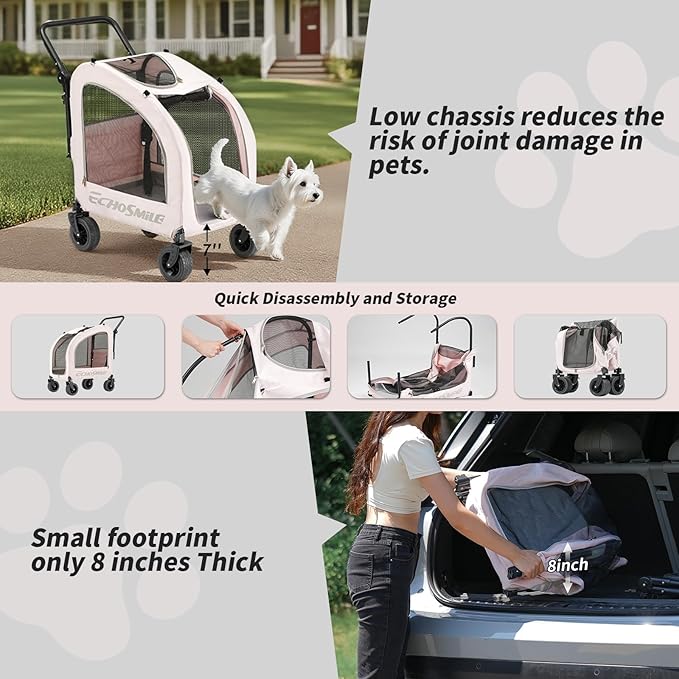 EchoSmile 4 Wheels Pet Stroller, Foldable Dog & Cat Stroller for All-Season, Lightweight Carrier with Storage Basket, Adjustable Handle, Removable Pad, Breathable Mesh, Up to 135 lbs, Pink