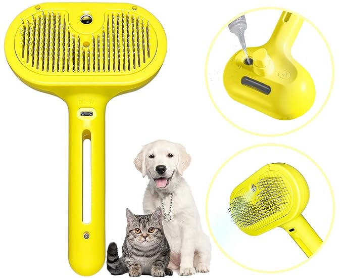 Cat Brush for Shedding - Pet Hair Removal Comb with Water Tank, Steam Brush, Cat Bath Brush, Dog Brush - Yellow