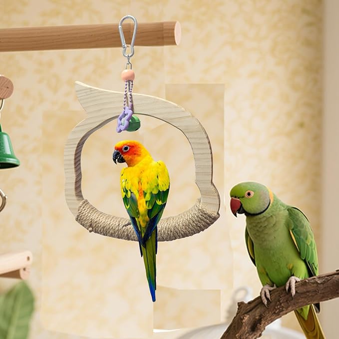 Wooden Bird Swing Perch Toy for Small and Medium Parrots, Natural Wood Ring with Bell and Rope Wrap, Hanging Cage Toy for Cockatiels, Budgies, Lovebirds, Conures