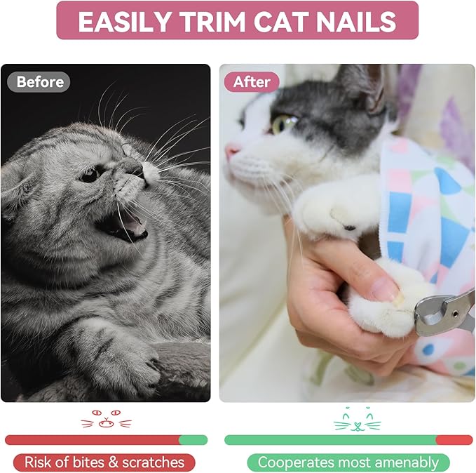 Cat Grooming Wrap for Cutting Nails, 27.6" Anti-Escape Calming Cat Swaddle Wrap for Medicine, Nail Clipping, Teeth Brushing, Ear Cleaning, Self-Adherent Burrito Restraint, (Geometric Fish, L)