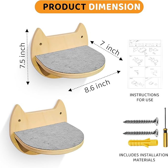 2 Pcs Cat Wall Steps – Indoor Premium Hardwood Cat Stairs – Cat Wall Shelves with Scratching Pads – Modern Wall Mounted Furniture for Climbing, Jumping & Lounging - for Large Cats