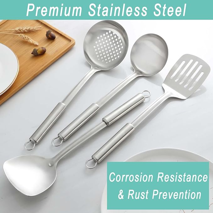 Pleafind 4-Pcs Cooking Utensils Set, Stainless Steel Kitchen Utensils, Wok Utensils Set Include Wok Ladle, Slotted Spoon, Wok Spatula and Slotted Spatula, Dishwasher Safe