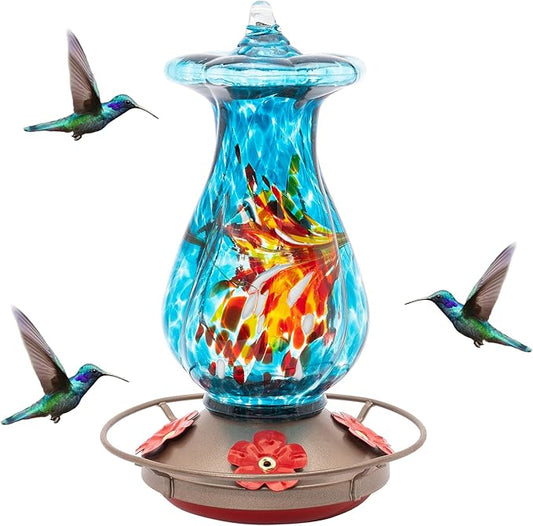 MEKKAPRO Hummingbird Feeders for Outdoors Hanging Glass 20oz, Decorative Feeder with Blown Stained Waterdrop Glass Design for Outdoors and Backyard, Easy Fill with 4 Nectar Feeding Flowers (Sky Blue)