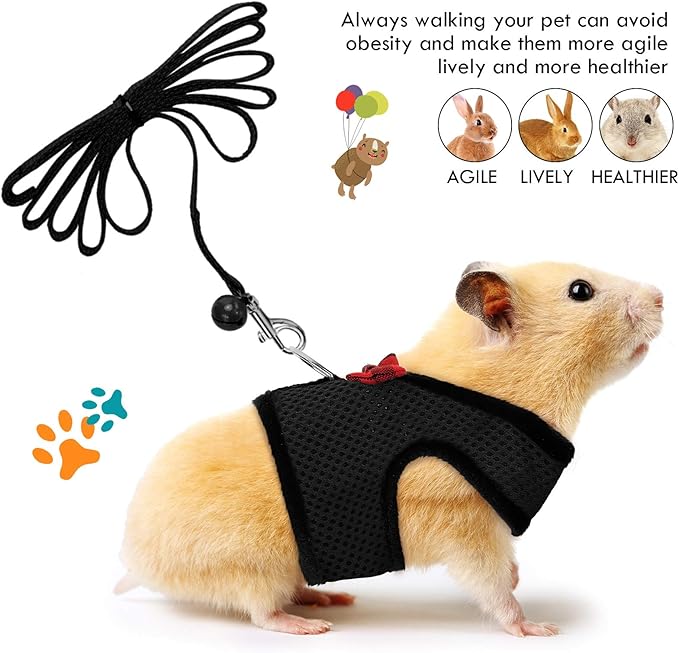 4 Pieces Guinea Pig Harness and Leash Soft Mesh Small Pet Harness with Bowknot Bell, No Pulling Comfort Padded Vest for Guinea Pigs, Ferret, Chinchilla, Bunny, Rats, Iguana, Hamster