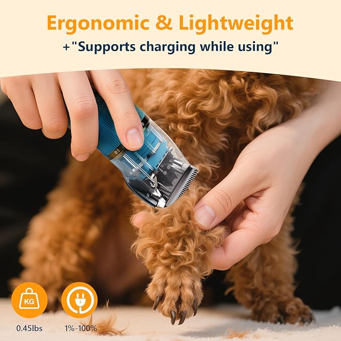 Dog Clippers for Grooming Thick Hair - Professional 50dB Low Noise Cordless Clipper with Titanium Blades & Detachable IPX5 Waterproof Head for Matted Coats, Dogs, Cats and All Pets