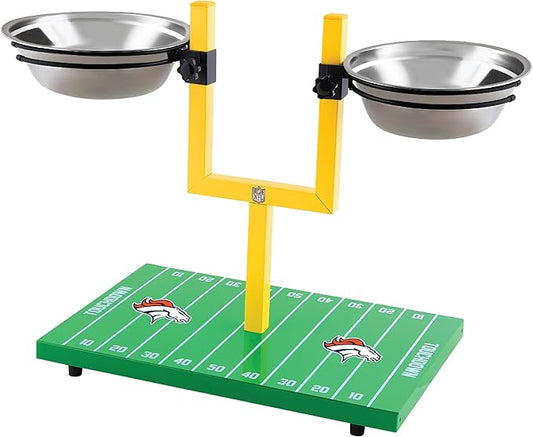NFL Denver Broncos Goalpost Football Field Dog Feeder – Adjustable Elevated Dog Bowls with Stand, 2 Stainless Steel Bowls, Non-Slip Rubber Feet, Raised Pet Feeder for Large & Small Dogs, Cats.