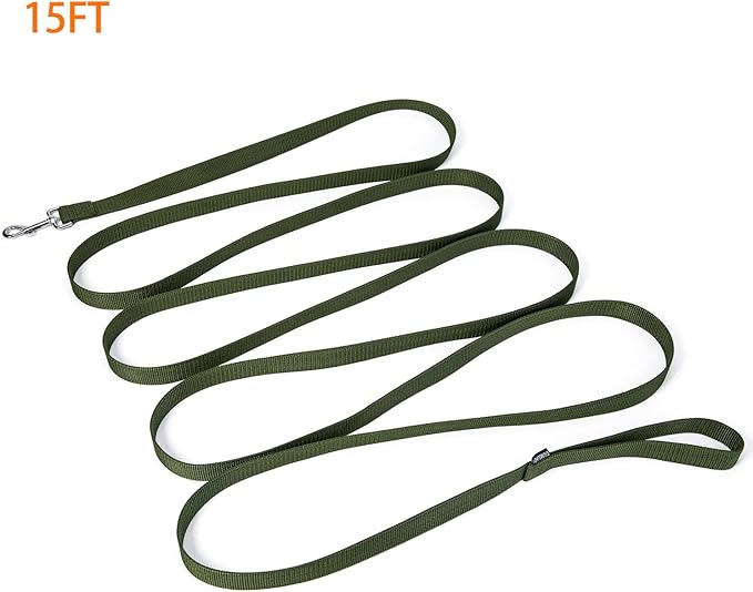 Strong Durable Nylon Dog Training Leash, 1 Inch Wide Traction Rope, 6 ft 10ft 15ft Long, for Small and Medium Dog (Military Green, 15 Feet)