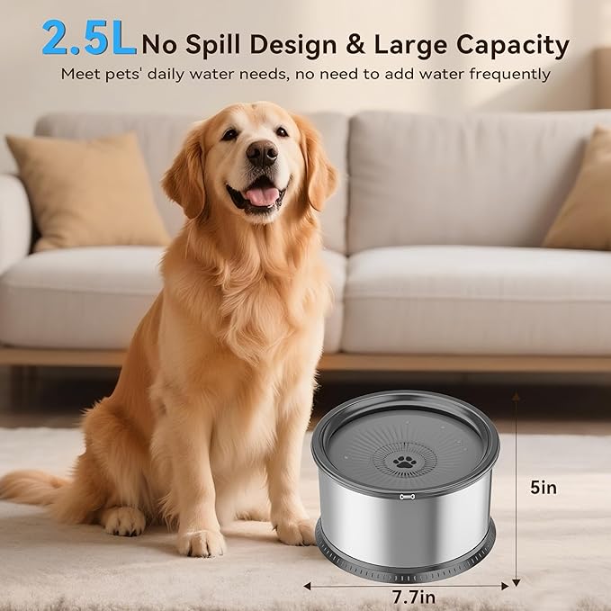 2PCS 2.5L No Spill Dog Water Bowl 84oz Stainless Steel Slow Water Bowl for Small Medium Dogs Splash Proof Pet Bowl with Anti-Slip Mat for Sloppy Messy Drinkers and Cats