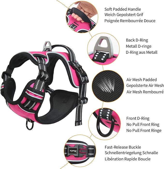 HEELE Dog Harness, No Pull Adjustable Padded Reflective Harness for Small Medium Large Dogs with Handle for Walking Training, Rose, M