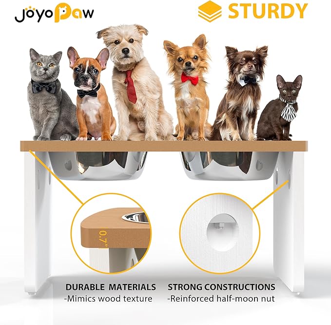 Elevated Dog Bowls, HIPS Raised Dog Bowl for Large Dogs & Medium Dogs, with 2 Stainless Steel Bowls (10'' Tall–48 oz Bowl, Teak-White)