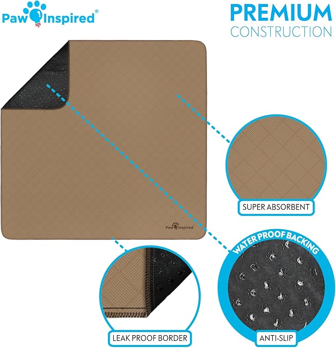 Paw Inspired Washable Pee Pads for Dogs (2 Pack), Leakproof, Non-Slip Reusable Puppy Pads for Potty Training, Whelping, Waterproof Mat (41x41 Inch, Pack of 2)