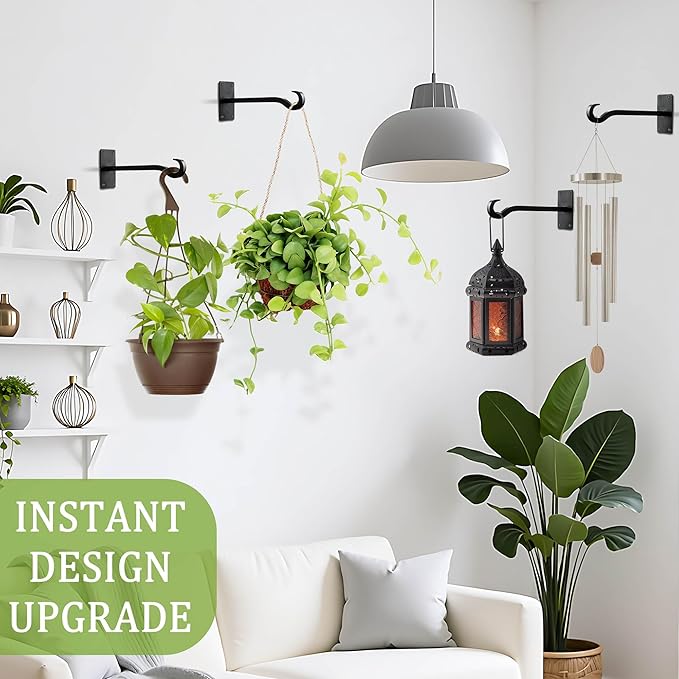Qiang Ni Bird Feeder Hanger: 8-Inch Wall-Mounted Plant Bracket Outdoor - 2 Pieces Black Plant Hooks for Hanging Flower Baskets