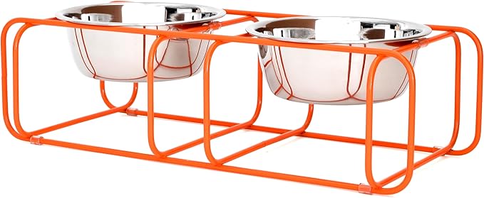 Wire & Dine Elevated Dog Bowls Stand for Small & Medium Sized Dogs & Cats - 2 Stainless Steel 3 Cup Dishes - Non-Skid, Modern Minimalist Design, Dishwasher Safe, Orange Frame - Made in USA