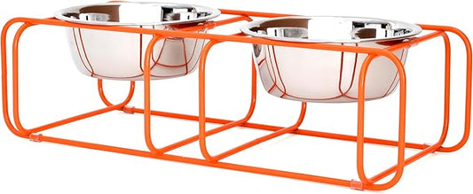 Wire & Dine Elevated Dog Bowls Stand for Small & Medium Sized Dogs & Cats - 2 Stainless Steel 3 Cup Dishes - Non-Skid, Modern Minimalist Design, Dishwasher Safe, Orange Frame - Made in USA